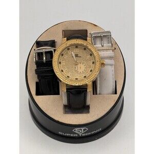 NEW Super Techno Mens Watch I-5371 Gold Tone Diamond .12 CT READ NOTES